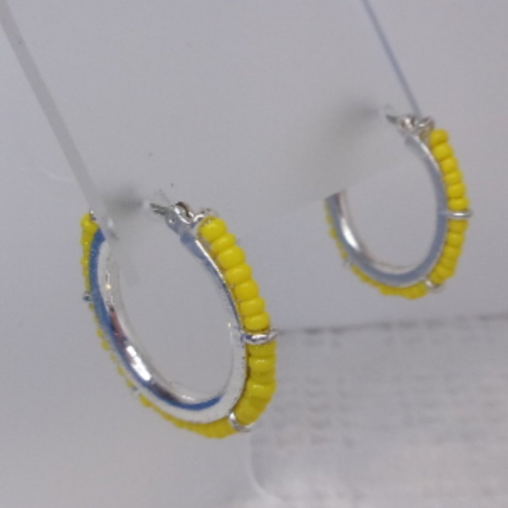 Yellow Beaded Silver Tone Hoop Pierced Earrings